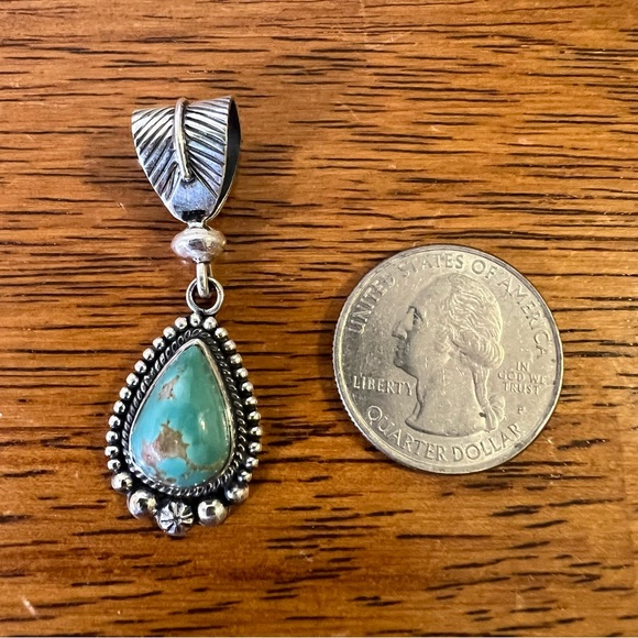Kingman Turquoise Pendant 925 Sterling Silver | Feather Bail Southwestern - Picture 10 of 11